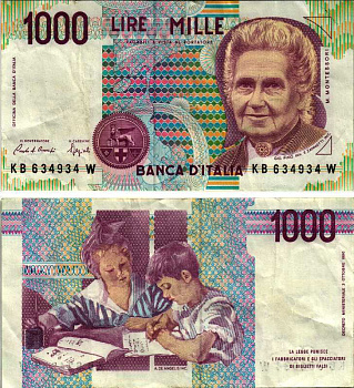 Италия 1000 лир 1990 Мария Монтессори Pick 114а бумага 6352-47-2-1