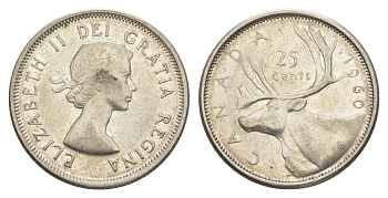 Канада 25 центов 1960 Елизавета II (1952-2022), олень KM 52 серебро 4631-913