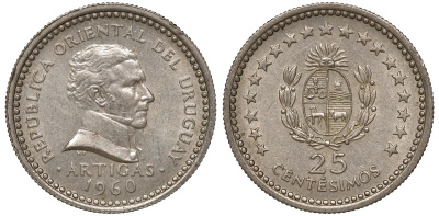 Уругвай 25 сентесимо 1960 KM 40 медно-никель 4169-968