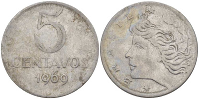 Бразилия 5 сентаво 1969 реформа 1967-1985, голова свободы влево KM 577.1 нержавеющая сталь 35-515