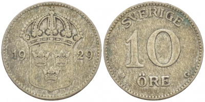 Швеция 10 эре 1929 G, Густав V (1907-1950) KM 780 серебро 3309-838
