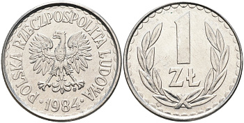 Польша 1 злотый 1984 MW, Народная Республика KM 49.1, Parchimowicz 213w алюминий UNC 4364-1436