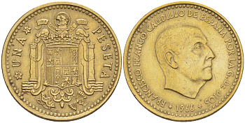 ИСПАНИЯ 1 ПЕСЕТА 1966 (71) ФРАНСИСКО ФРАНКО ДИКТАТОР ИСПАНИИ ( 1939- 1975) KM 796 алюминиевая бронза 216-617