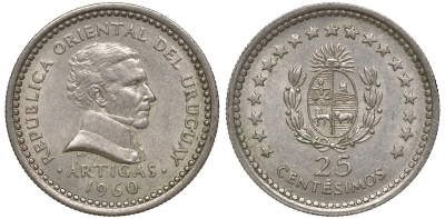 Уругвай 25 сентесимо 1960 KM 40 медно-никель 4169-864