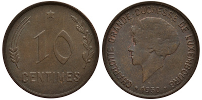 Люксембург 10 сантимов 1930 Шарлотта (1918-1964) KM 41 бронза 4538-732