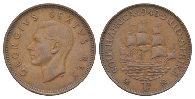 ЮАР 1 пенни 1949 Георг VI (1936-1952) KM 34.1 бронза 11-230-37
