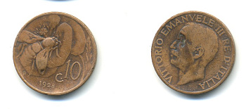 Италия 10 чентезимо 1928 R, Виктор Эммануил III (1900-1946), пчела KM 60 бронза 80-1217