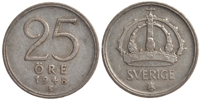 Швеция 25 эре 1948 TS, Густав V (1907-1950) KM 816 серебро 4179-865