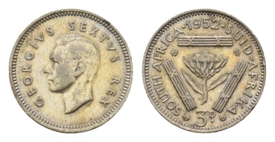 ЮАР 3 пенса 1952 Георг VI (1936-1952) KM 35.2 серебро 4549-1133