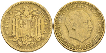 ИСПАНИЯ 1 ПЕСЕТА 1953 ФРАНСИСКО ФРАНКО ДИКТАТОР ИСПАНИИ (1939-1975) KM 775 алюминиевая бронза 4561-813