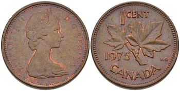 Канада 1 цент 1975 Елизавета II (1952-2022), кленовый лист KM 59.1 бронза 96-265