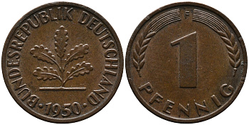 ФРГ 1 пфенниг 1950 F KM 105, J.380 сталь плакированная медью 99-245