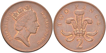 Великобритания 2 пенни 1992 Елизавета II (1952-2022) KM 936a, Spink C4 сталь плакированная медью 4128-225