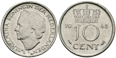 Нидерланды 10 центов 1948 Вильгельмина (1895-1948) KM 177 никель 96-539