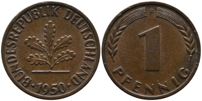 ФРГ 1 пфенниг 1950 F KM 105, J.380 сталь плакированная медью 99-245