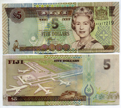 Фиджи 5 долларов ND (2002) Елизавета II (1952-2022), аэропорт Нади Pick 105 b бумага UNC (пресс) 449-24-2