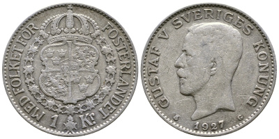 Швеция 1 крона 1927 G, Густав V KM 786.2 серебро 4178-623