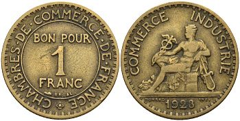 Франция 1 франк 1923 KM 876, Le Franc 218.5 алюминиевая бронза 4142-735