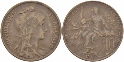 ФРАНЦИЯ 10 САНТИМОВ 1911 ТИП ДАНИЭЛЬ ДЮПЮИ KM 843, LA FRANC 136.21 бронза 109-245