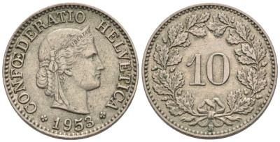Швейцария 10 раппенов 1953 В KM 27 медно-никель 4576-945