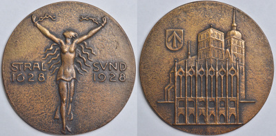 Померания медаль 1928 300 лет обороне Валленштайна, 78,5 мм, 131,8 гр, тираж 22 экземпляра, в оригинальной коробочке Hasselmann 258 бронза UNC 4-3-5-17