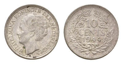 Нидерланды 10 центов 1944 Вильгельмина (1890-1948) KM 163 серебро aUNC 4669-1215