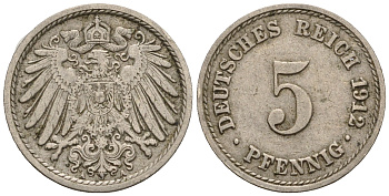 Германия 5 пфеннигов 1912 A, KM 11, J. 12 медно-никель 220-624