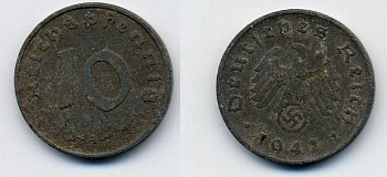 ГЕРМАНИЯ 10 РЕЙХСПФЕННИГОВ 1942 A KM 101, J 371 цинк 36-943