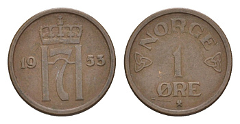 Норвегия 1 эре 1953 Хокон VII (1905-1957) KM 398 бронза 4632-1064