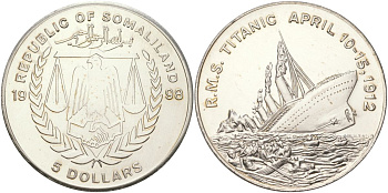 Сомалиленд 5 долларов 1998 крушение "Титаника" X 2 медно-никель UNC 118-1122