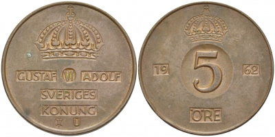Швеция 5 эре 1962 Густав VI Адольф (1950-1973) KM 822 бронза 51-4222