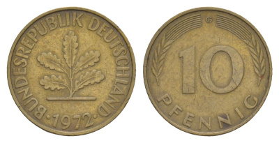 ФРГ 10 пфеннигов 1972 G KM 108, J. 383 сталь плакированная латунью 4630-1263