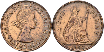 Великобритания 1 пенни 1962 Елизавета II (1952-2022) KM 897, Spink 4157 бронза    4149-432