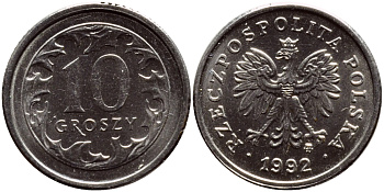 ПОЛЬША 10 ГРОШЕЙ 1992 MW KM 279 медно-никель 26-749