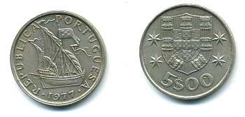 ПОРТУГАЛИЯ 5 ЭСКУДО 1977 ПАРУСНИК KM 591 медно-никель 59-1126