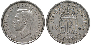 Великобритания 6 пенсов 1948 Георг VI (1936-1952) KM 862, Spink 4105 медно-никель 4124-745