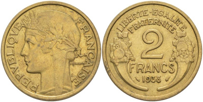 ФРАНЦИЯ 2 ФРАНКА 1938 ТИП MORLON KM 886, LE FRANC 268.11 алюминиевая бронза 69-1242