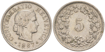 ШВЕЙЦАРИЯ 5 РАППЕНОВ 1967 B KM 26 медно-никель 188-364