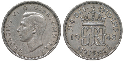 Великобритания 6 пенсов 1948 Георг VI (1936-1952) KM 862, Spink 4105 медно-никель 4124-745