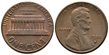 США 1 цент 1984 D, Линкольн KM 201b цинк плакированный медью    4608-366