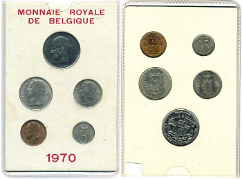БЕЛЬГИЯ НАБОР ИЗ 5 МОНЕТ 1970 BELGIQUE, БУКЛЕТ, 25, 50 САНТИМОВ, 1, 5, 10 ФРАНКОВ KM SS 1 UNC 7-7-28