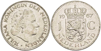 Нидерланды 1 гульден 1967 Юлиана (1948-1980) KM 184а никель 213-952