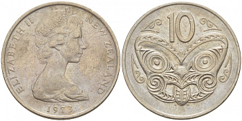 Новая Зеландия 10 центов 1973 Елизавета II (1952-2022), маска маори KM 41.1 медно-никель 212-1135