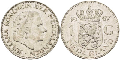 Нидерланды 1 гульден 1967 Юлиана (1948-1980) KM 184а никель 213-952
