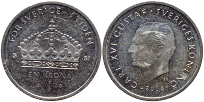 Швеция 1 крона 2008 Карл XVI Густав (1973- ) KM 894 медно-никель 87-1127