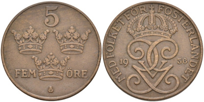 Швеция 5 эре 1936 Густав V (1907-1950), short 6 KM 779.2 бронза 4557-633