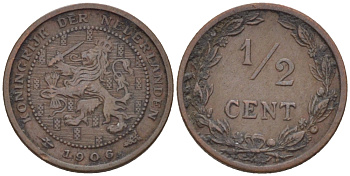 НИДЕРЛАНДЫ 1/2 ЦЕНТА 1906 ВИЛЬГЕЛЬМИНА (1890-1948) KM 133 бронза 39-153