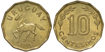 Уругвай 10 сентесимо 1981 KM 66 алюминиевая бронза 4169-528