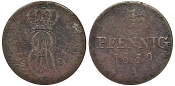 Ганновер 1 пфенниг 1839 A, Эрнст Август (1837-1851) KM 173.1, AKS 126, J. 54 медь 75-846