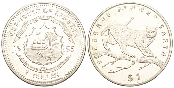 Либерия 1 доллар 1995 Сохраним планету Земля - Леопард KM 133 медно-никель BU 107-222